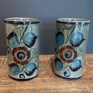 Vintage Tonala Mexican Pottery Tumblers‎ Set of 2 Hand Painted Blue Floral Vases